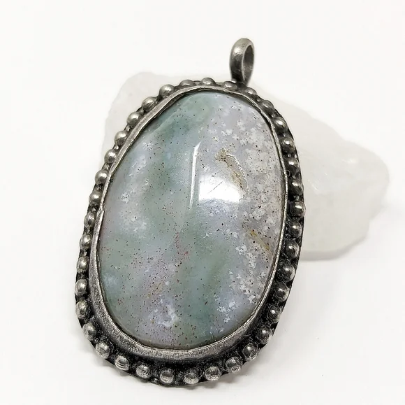 Vintage sterling silver oval handmade artisan handcrafted stone pendant 925 - Picture 2 of 7